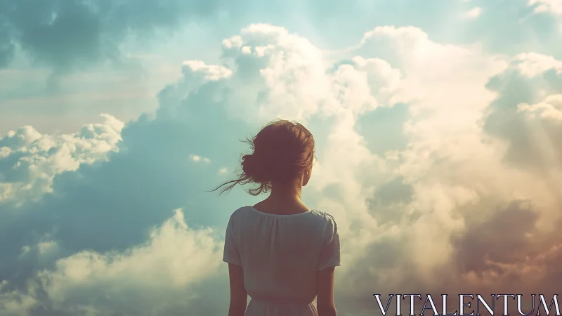 Soft skies cradle a quiet girl lost in gentle daydreams