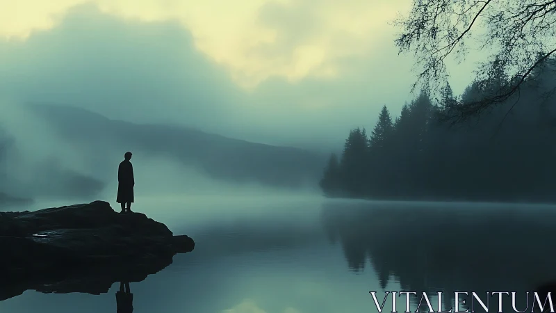 Solitary figure on misty lakeshore at dawn in teal hues.