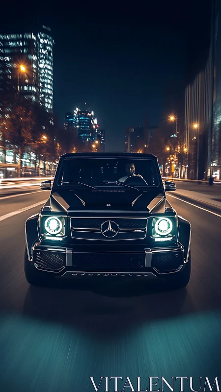 Black Mercedes SUV drives through illuminated city street