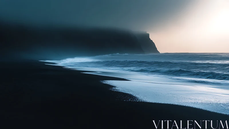 Moody seascape captures misty cliffs above dark shoreline