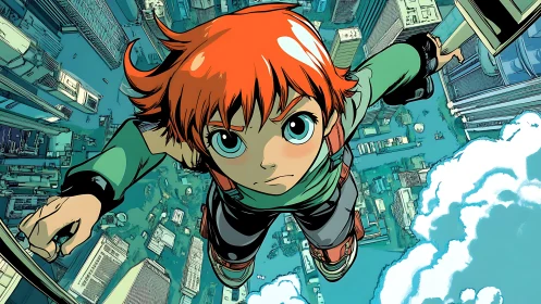 Dynamic red-haired hero soaring above teal cityscape.