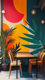 Colorful cafe corner with bold mural and cozy wooden seating.