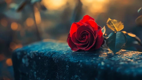 Single red rose on stone surface in shallow focus light.