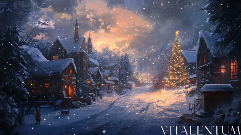 Snowy village street glows with warm festive Christmas lights