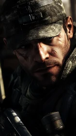 Photorealistic tactical soldier portrait with hard contrast lighting.