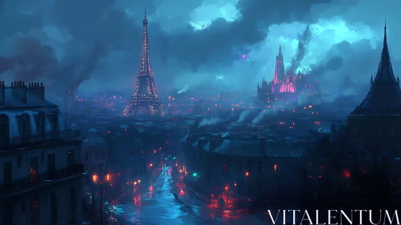 Cyberpunk Parisian skyline in neon-soaked nocturne composition.