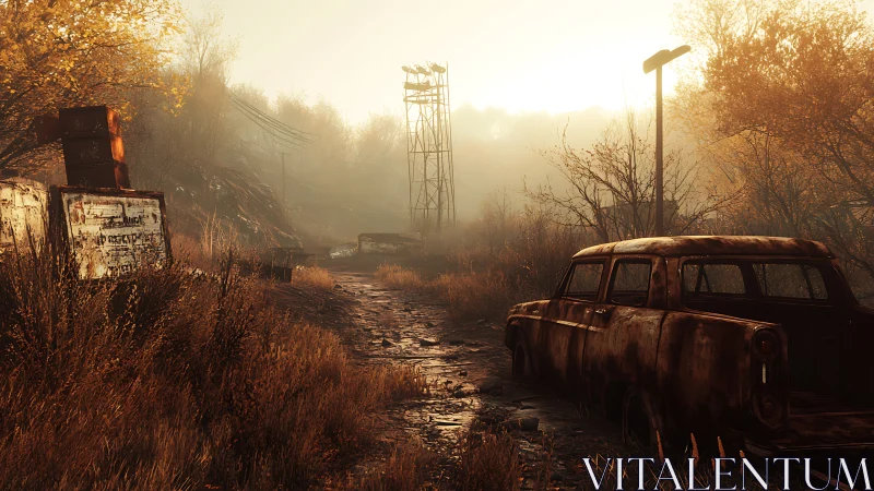 Rusty car and overgrown dirt road under hazy sunrise light