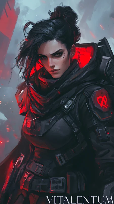 Cyberpunk huntress stands in red-lit urban warfare storm.