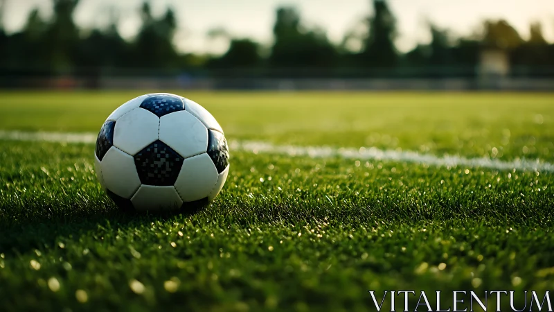 Sunlit soccer ball waiting on fresh green field edge.