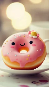 Cheerful pink frosted donut smiles on a cozy dessert plate