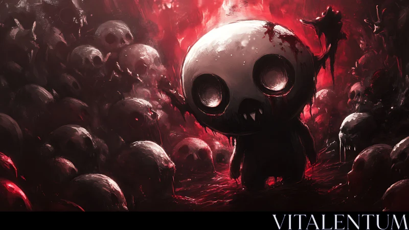 Bleeding skull-headed creature in field of red skulls.