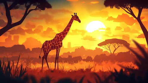 Giraffe stands in stylized savannah landscape at sunset