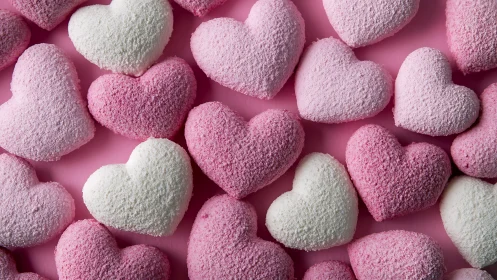 Pink and white heart-shaped confections on monochromatic background.