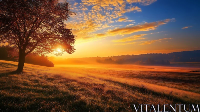 Radiative dawn gradient over misted pasture horizon field.