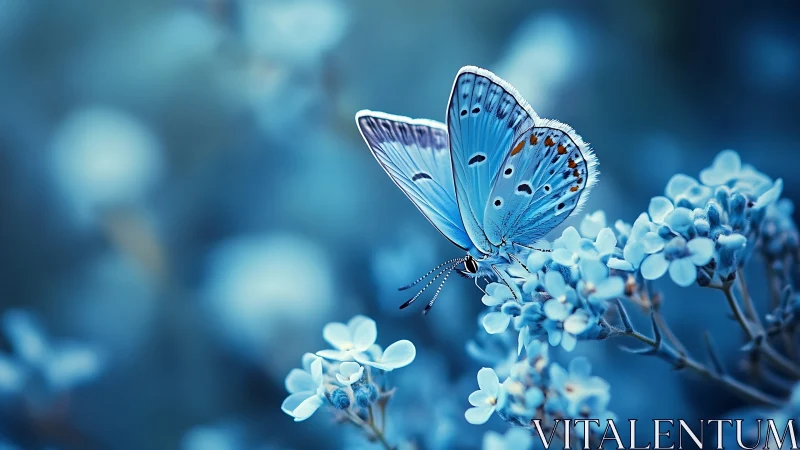 Macro study of a blue butterfly on blossoms in cool bokeh field