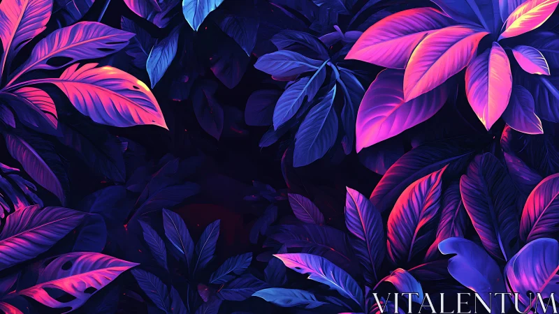 Neon tropical leaves surround dark empty center space