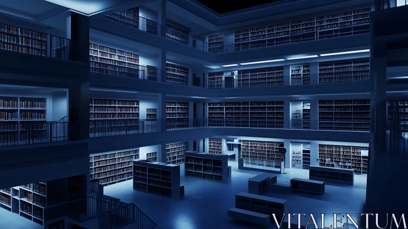 3D nocturnal library atrium with modular shelving gridscape.