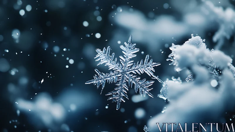 Macro snowflake closeup against soft winter bokeh background.