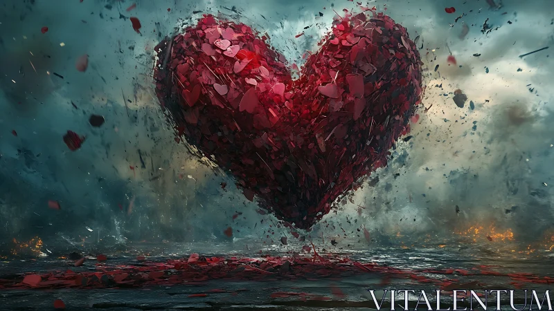 Fragmented Heart Floating Amid Explosive Destruction