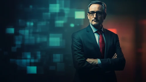 Middle aged businessman stands before digital squares background.