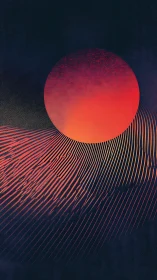 Geometric red sun over abstract linear landscape.