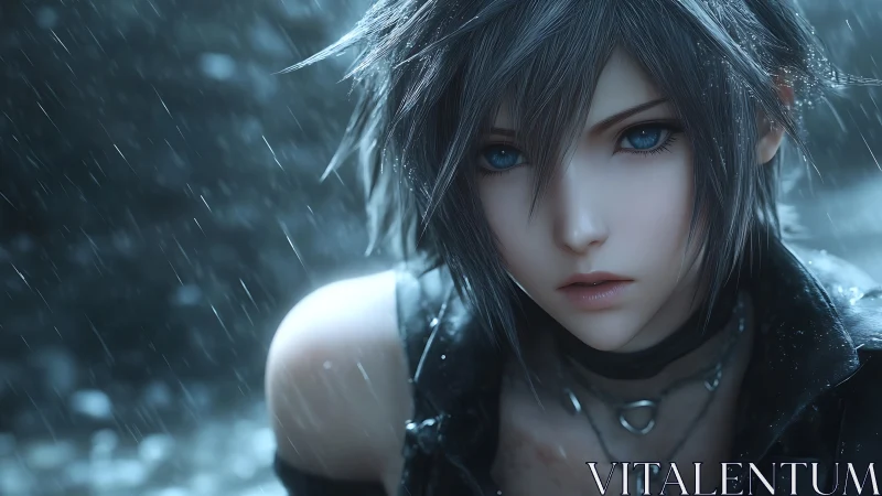 Rain-forged stare slices through stormlit steel-blue dusk