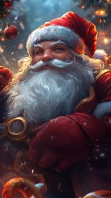 Warmhearted Santa portrait in glowing festive snowfall.