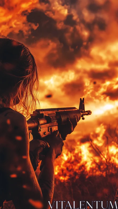 Soldier with Rifle Against Burning Sky at Dusk