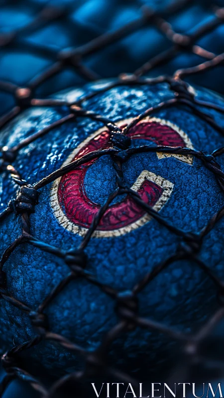 Weathered blue sports ball with bold red letter c in net