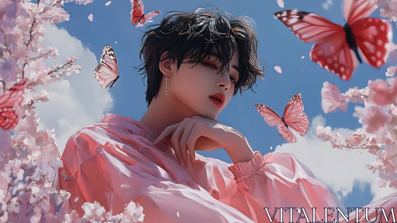 Androgynous figure in pink with butterflies and blossoms.