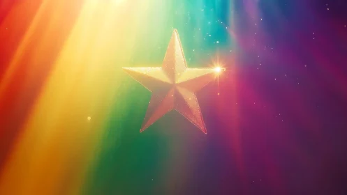 Golden glitter star suspended in prismatic rainbow light.