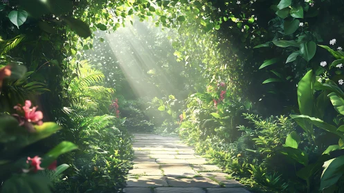 Sunlit stone path curves through lush overgrown garden