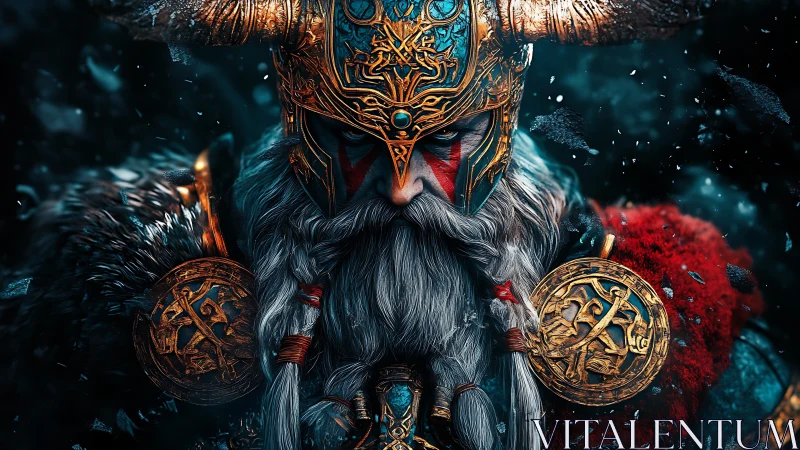 Armored bearded warrior with ornate horned helmet portrait.