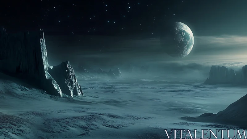 Moonlit alien ice valley opens into a calm, mysterious horizon