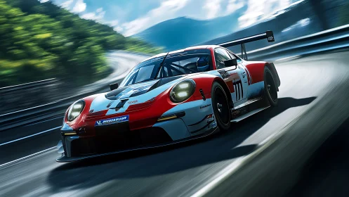 Red and white GT race car powering through mountain curve.