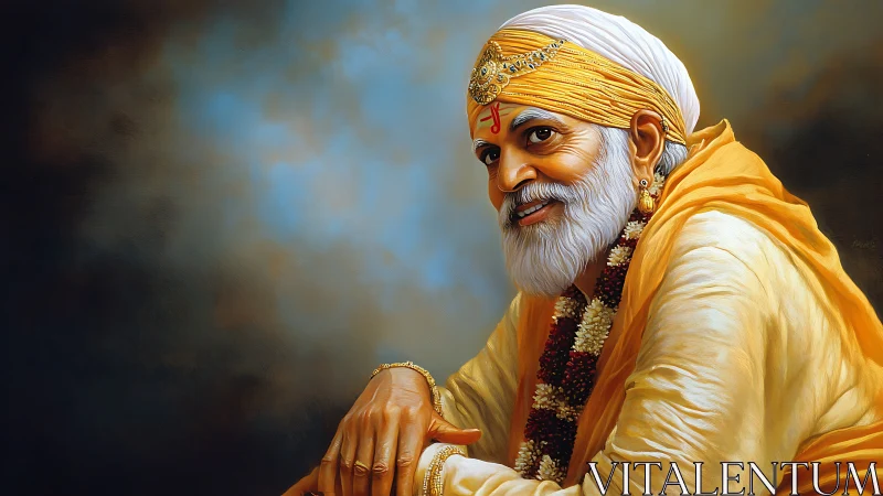 Golden robed spiritual elder in ornate devotional portrait.