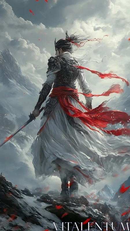 Warrior in ornate armor faces storm over frozen mountains