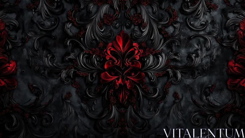 Velvet red flourishes curling through midnight shadows.