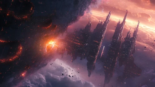 Tilted sci fi megastructures above cloud-covered planet.