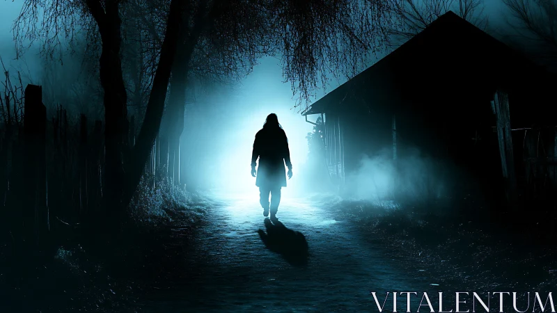 Mysterious figure strolling toward a misty midnight light.