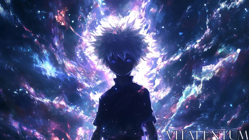 Silhouetted anime boy before glowing cosmic nebula portal.