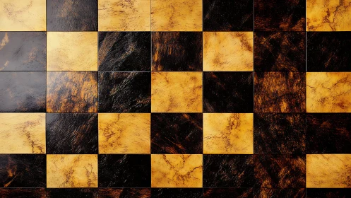 Checkerboard layout of textured brown and yellow tiles surface.