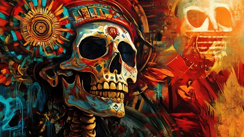 Vibrant digital skull warrior amid blazing abstract vortex.