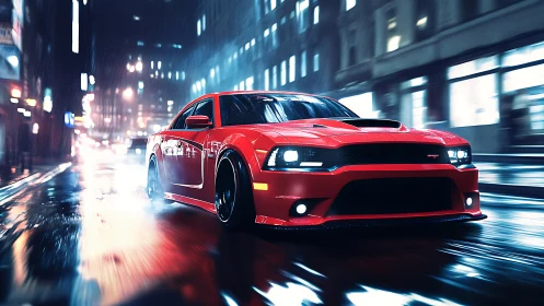 Red sports car on wet neon city street at night.