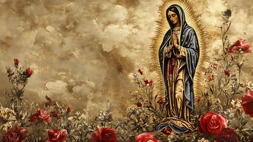 Golden serenity with a praying figure amid blooming roses.