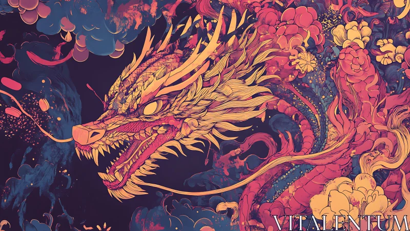Intricate stylized dragon illustration with floral cloud forms.