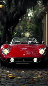 Scarlet classic roadster under moody garden canopy.