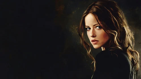 Pensive woman in profile against dark textured background.