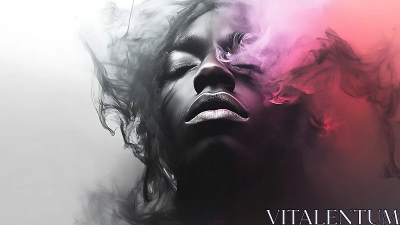 Surreal portrait dissolving into monochrome and magenta vapor
