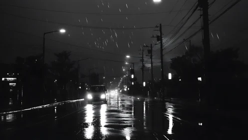 Monochrome nocturnal streetscape with reflective rain-slick asphalt.